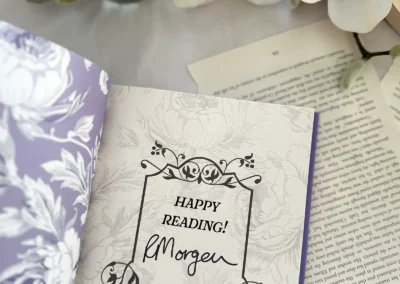 Tempests & Tea Leaves hardback special edition with the authors signature printed within a decorative frame on the front page inside the book.
